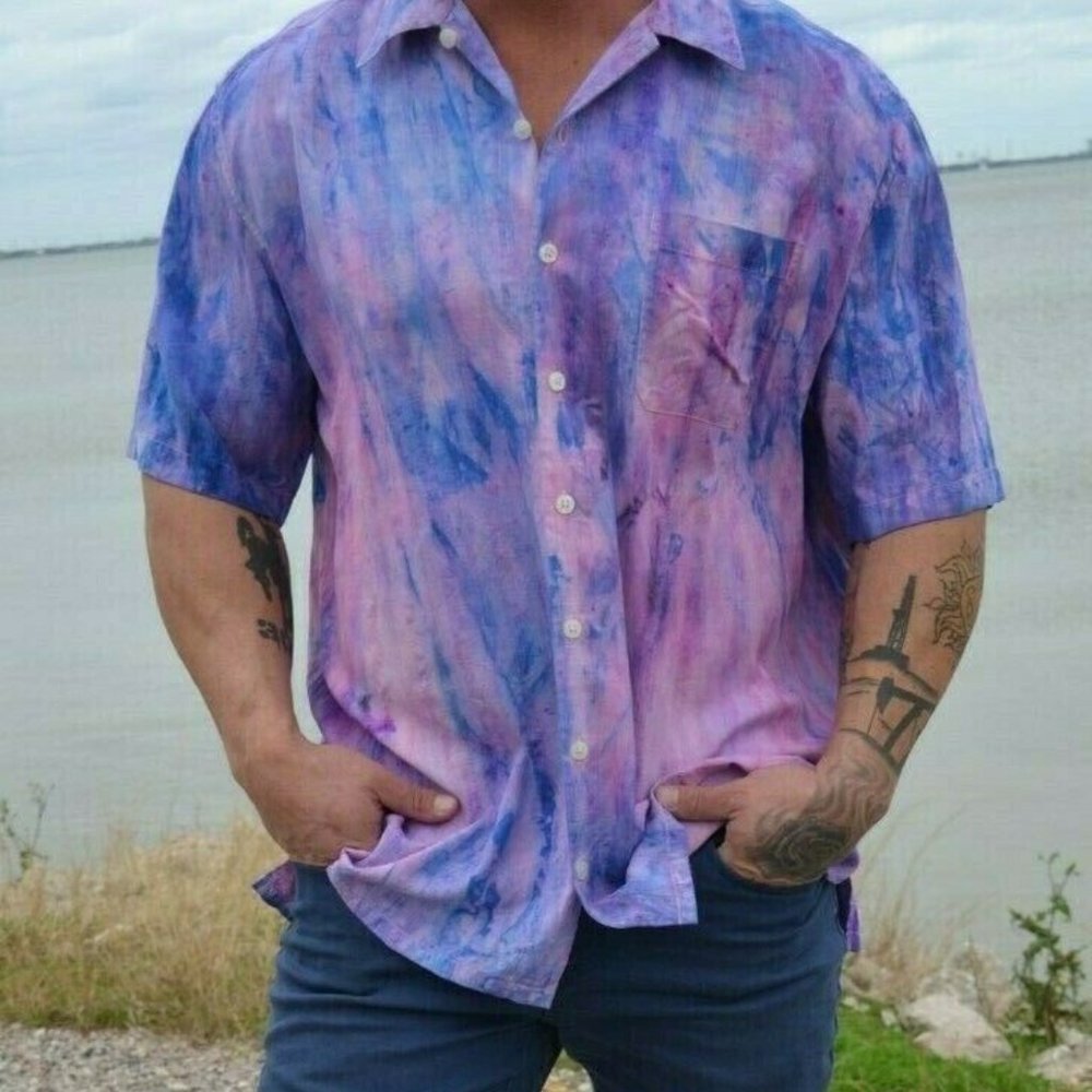NEW Mens large XL Silk Shirt Purple Pink navy blue tie dyed painted summer beach